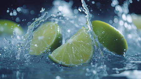 Lime wedges splashing into water with droplets flying, capturing a refreshing, zesty moment filled with summer energy.の素材