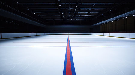 Empty ice rink with red and blue lines marking the center, showcasing the pristine surface under arena lights.の素材