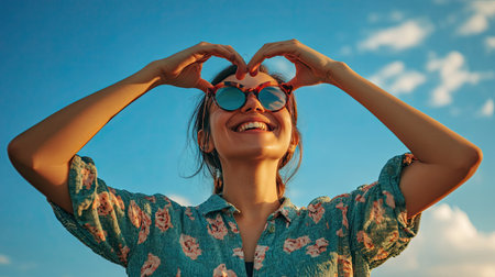 Happy woman in casual clothes making a heart with her hands against a blue sky, radiating joy and positivity.の素材