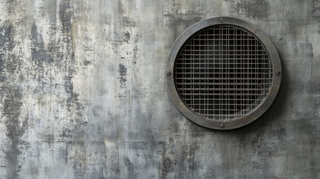 Industrial-style air conditioner with round grid vent on a textured wall, showcasing robust cooling capabilities in a stylish setup.の素材