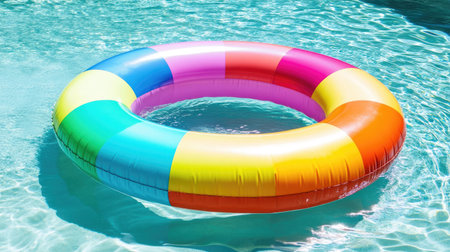 Large, colorful inflatable ring in a bright pool, surrounded by clear water and sunlight, symbolizing a relaxing summer day.の素材