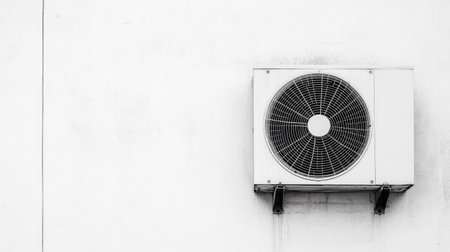 Minimalistic air conditioning system with a round ventilation grid, mounted on a light wall, perfect for sleek interior setups.の素材