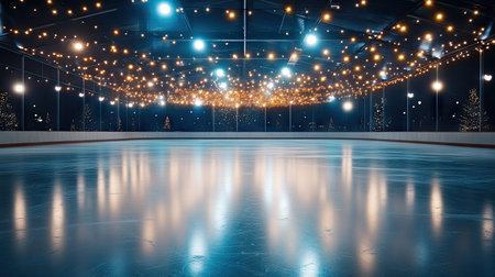 Empty ice rink with reflections of overhead lights, creating a peaceful, undisturbed atmosphere.の素材