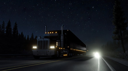 Large truck transporting cargo along a highway at night, headlights illuminating the road aheadの素材