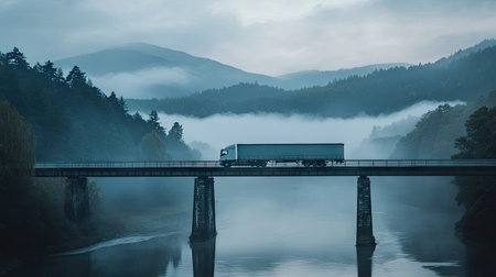 Large truck crossing a bridge over a river in early morning mist, mountains faintly visible in the backgroundの素材