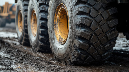 Dusty trailer wheels on a construction site, with black tires and thick treads made for tough environments.の素材