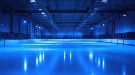 Empty ice rink with blue lighting from overhead fixtures, creating a cool and tranquil atmosphere.の素材