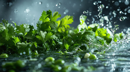 Fresh herbs like cilantro and parsley splashing into water, their leafy texture and color standing out against water motion.の素材