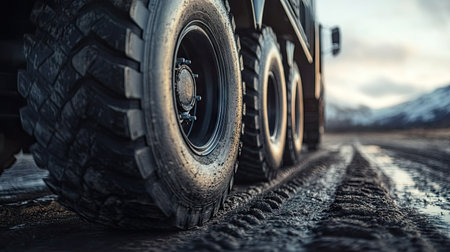 Low-angle shot of black truck wheels with durable treads, ready for long-distance hauling.の素材