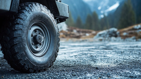 Dusty black trailer wheels on gravel, highlighting rugged durability and reliable treads in outdoor conditions.の素材