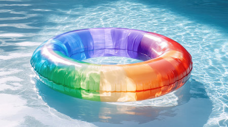 Large, colorful inflatable ring in a bright pool, surrounded by clear water and sunlight, symbolizing a relaxing summer day.の素材