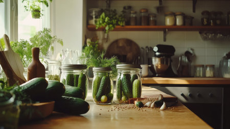 Fresh cucumbers in clear jars on a kitchen table, surrounded by ingredients for pickling like dill, garlic, and mustard seedsの素材