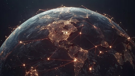 Glowing connections surrounding a D earth, representing a worldwide network of communication and technology.の素材
