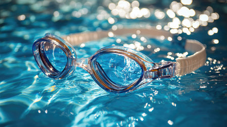 High-quality swimming goggles with an anti-fog lens resting on the poolside, with the pool water glistening in the sunlight.の素材