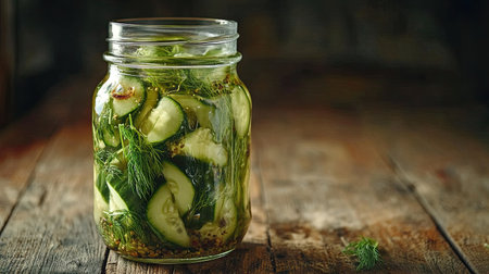Fresh cucumbers tightly packed in brine, visible dill and spices inside the jar, with a rustic wooden surface beneathの素材