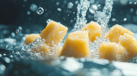 Fresh pineapple chunks falling into water with splashes and bubbles, evoking a tropical, refreshing sensation.の素材