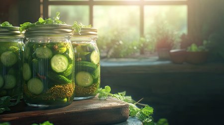 Homemade pickles in jars, filled with fresh cucumbers and spices, with a rustic background and bright lightingの素材