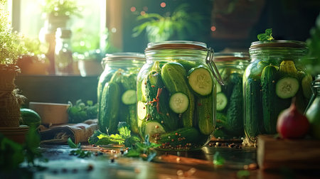 Homemade pickles in jars, filled with fresh cucumbers and spices, with a rustic background and bright lightingの素材