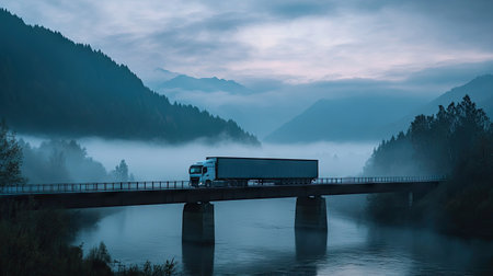 Large truck crossing a bridge over a river in early morning mist, mountains faintly visible in the backgroundの素材
