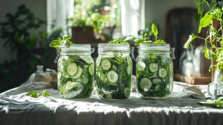 Jars packed with small cucumbers and herbs, arranged on a cloth-covered table, with soft natural lightingの素材
