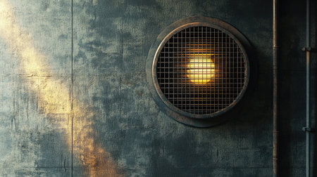 Industrial-style air conditioner with round grid vent on a textured wall, showcasing robust cooling capabilities in a stylish setup.の素材