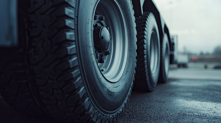 Low-angle view of trailer wheels, with details of the black tire tread and metal hub in focus.の素材