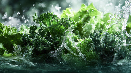 Mixed greens, like kale and arugula, in splashing water, showcasing the leafy texture and vibrant shades of green.の素材