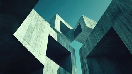 Modern concrete high-rise with geometric shapes and a deep blue sky, highlighting the beauty of urban architecture.の素材