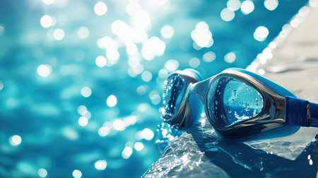 Pair of swimming goggles resting on a diving board, with blue pool water shimmering below, ideal for competitive swimming themes.の素材
