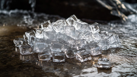 Pile of crystal-clear ice cubes on a wet surface, showing the sharp transparency and fresh chill of frozen water.の素材