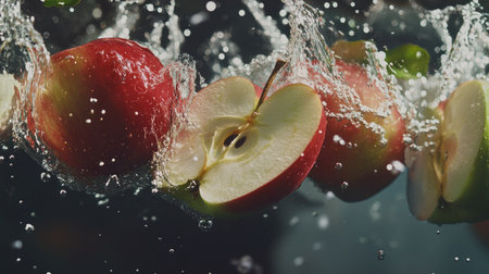 Red and green apple slices splashing into water with bubbles, creating a lively scene that highlights their fresh, crisp nature.の素材