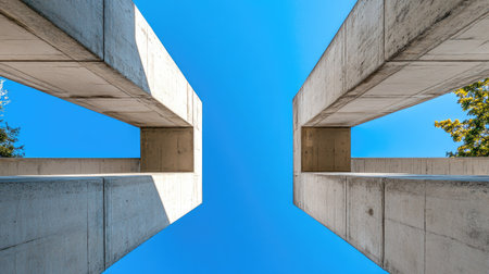 Modern concrete structure with sharp angles and smooth surfaces, set against a clear, bright blue sky for a sleek urban look.の素材