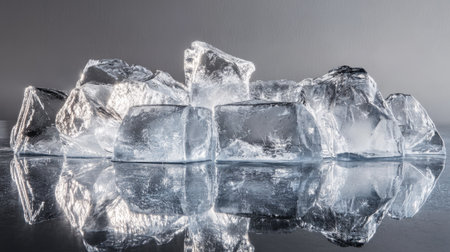 Pile of fresh, glossy ice cubes on a reflective surface, showcasing the clear and crisp texture of each frozen block.の素材