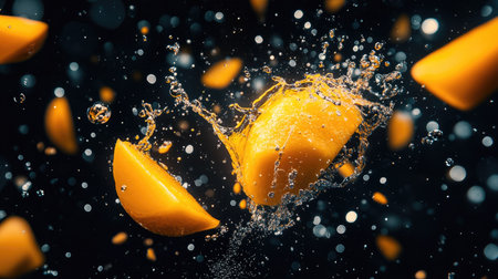 Ripe mango chunks splashing into water, yellow and orange colors glowing against a deep black background with bubbles.の素材