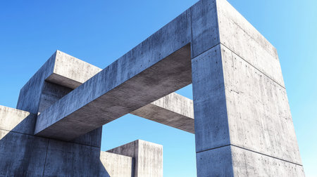 Modern concrete structure with sharp angles and smooth surfaces, set against a clear, bright blue sky for a sleek urban look.の素材