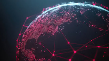 Network lines connecting key global cities on a D globe, showcasing global data flow and connectivity.の素材