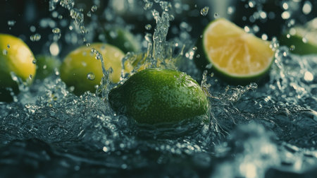 Refreshing limes dropping into water, with an energetic splash of droplets, perfect for a vibrant citrus-inspired scene.の素材