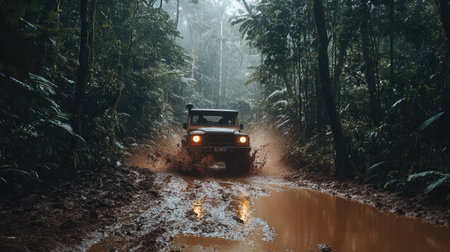 Off-road truck navigating a muddy path in a dense forest, tires splashing through puddlesの素材