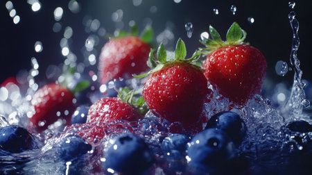 Red strawberries and blueberries in water splashes, vivid colors and droplets standing out against a dark background.の素材