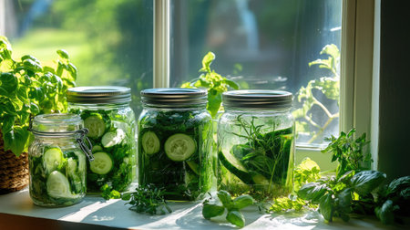 Several jars of cucumbers on a windowsill, bathing in sunlight, with fresh herbs around, ready for fermentationの素材