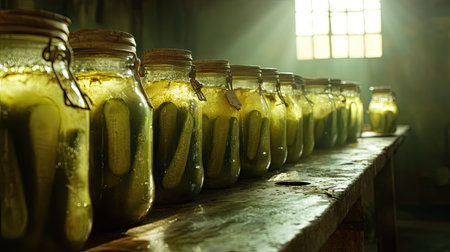 Rows of tightly packed cucumber jars, lined up on a rustic surface, with sunlight illuminating the brine insideの素材