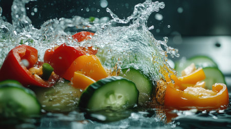 Sliced cucumber and bell peppers splashing into water, showcasing the fresh and cool quality of the vegetables.の素材