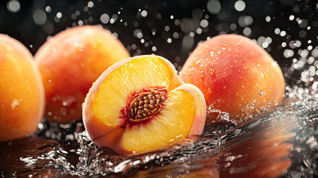 Ripe peaches in water splashes, the orange and yellow hues standing out against a black background for a fresh look.の素材
