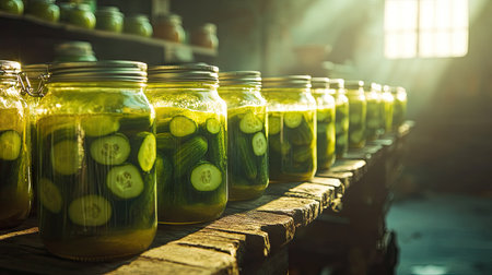 Rows of tightly packed cucumber jars, lined up on a rustic surface, with sunlight illuminating the brine insideの素材