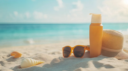 Set of sun protection products on sandy beach with ocean in the background includes sunscreen, hat, and sunglasses, ready for a sunny day.の素材