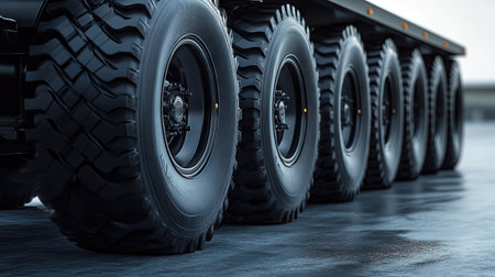 Side view of a row of black trailer wheels, showing their size and tread pattern for heavy hauling.の素材