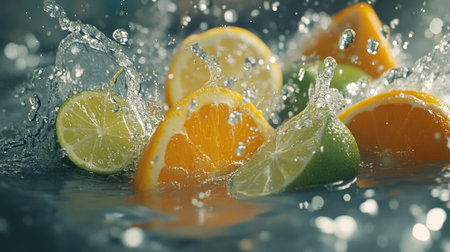 Slices of oranges, lemons, and limes splashing into water, creating a burst of droplets in a zesty, refreshing scene.の素材