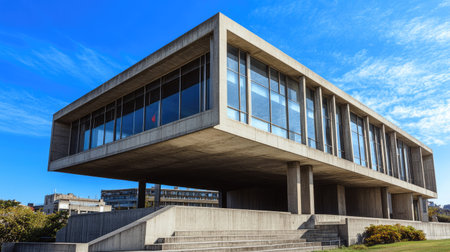Sleek concrete building with large glass windows and geometric design against a bright blue sky, symbolizing urban innovation.の素材