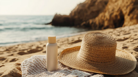 Sunscreen bottle, straw hat, and beach towel arranged on sand near the shoreline, perfect for a sunny beach scene.の素材
