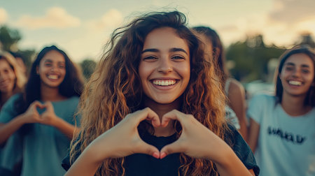 Smiling woman making a heart shape with her hands while standing in front of her friends, showing friendship and joy.の素材